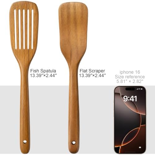 Wooden Spoons for Cooking, 2-Piece Teak Wood Kitchen Utensil Set, Nonstick Safe Wooden Spatulas, Smooth Heat-Friendly Cooking Utensils for Everyday Meals (A02) - Image 7