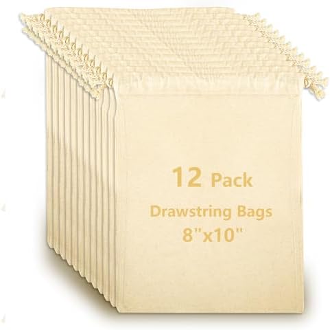 OKBA 12 Pack Cotton Muslin Drawstring Bags 8x10 inch, Reusable Cloth Bags for DIY Tie-Dye Projects, Gift Wrap Bag, Produce and Drawstring Christmas Bag, Eco-Friendly, Lightweight by OKBA
