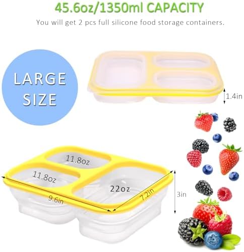 2 Pack Big Collapsible Full Silicone Bento Lunch Boxes With Lids, 3 Compartments, 45.6oz, Clear Divided Lunch Food Storage Containers, Safe in Microwave, Dishwasher and Freezer, BPA Free - Image 2