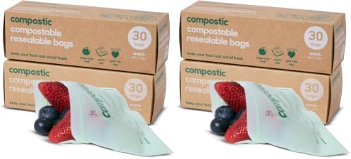 Compostic Compostable Snack Bags, Snack Size (60 Count) Starter Pack — Resealable Zip-Seal, Plant-Based, Home Compostable, Freezer Safe, BPA-Free, Non-Toxic, GMO-Free Food Storage Bags (Pack of 2) by COMPOSTIC