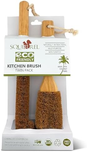 Eco-Friendly Kitchen Cleaning Brush (Twin Pack) - Wood Dish Brush with Coconut Fiber Bristles & Wooden Handle. Kitchen Brush for Bottles, Jars, Mugs, Glassware, and Cup Brush Cleaner by SQUIRRELUSLLC