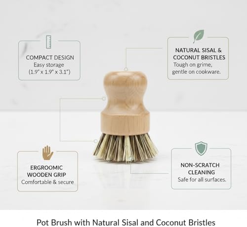 Natural Sisal & Coconut Pot Brush with Wooden Handle - Eco-Friendly Dish Scrubber for Cast Iron, Stainless Steel Cookware (1 Pack) - Image 4
