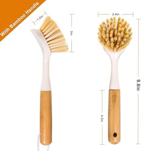 FunCee 2 Pack Kitchen Dish Brushes with Bamboo Handle, Dish Scrubber Built-in Scraper, Scrub Brush for Pans, Pots, Counter & Kitchen Sink Cleaning, Dishwashing and Cleaning Brush Tools, White - Image 2