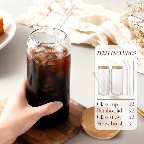 Iced Coffee Cups with Lids 2 pcs: 20 oz Glass Cups with Lids and Straws as Coffee Bar Accessories - Beer Drinking Glasses - Reusable Glass Tumbler,Cute Coffee Cups for Coffee,Juice,Gifts - Image 3