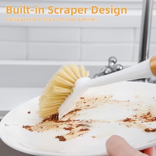 SUBEKYU Dish Brush with Bamboo Handle, Kitchen Dish Scrubber Built-in Scraper, Scrub Brush for Cleaning Pans/Pots/Sinks, Sisal Bristles, 2P - Image 3