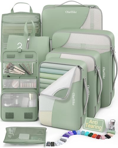 OlarHike Packing Cubes for Travel,Gifts for Women Mom,Anti-Tearing Suitcase Organizer for Luggage with Shoe & Hanging Toiletry Bag,Vacation Essentials & Accessories for Cruise Ship,8 Set,Matcha Green by OlarHike