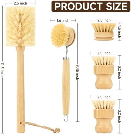 SAMEBUTECO 5-Piece Bamboo Dish Brush Set with Sisal Bristles - Image 2