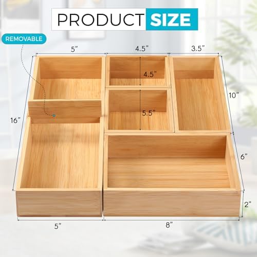 Fabsome Bathroom Drawer Organizer, Bamboo Box Bin for Junk Vanity Desk Makeup Drawer, Small Wooden Container Tea Storage Organization Tray for Kitchen Office, Set of 5 - Image 2
