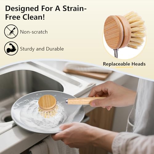 5 Pack Bamboo Dish Brush Set with 14’’ Bottle Brush - Image 4