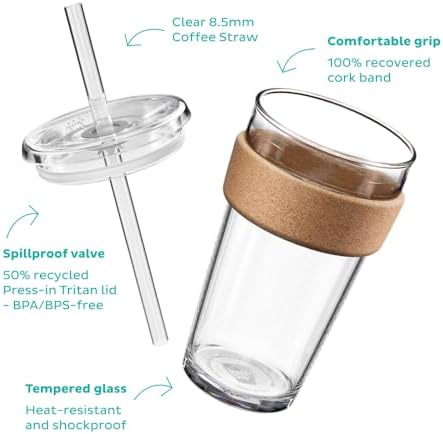 KeepCup Cold Cup - Brew Cork Tempered Glass Ice Coffee Tumbler with Recovered Cork Band, Lid and Straw - 16oz (454ml) - Image 3