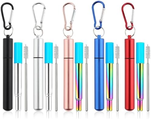 Reusable Straws 5Pack Collapsible Portable Metal Straw Reusable Foldable Stainless Steel Drinking Travel Telescopic Straw with Case, Straws Brush by INVODA