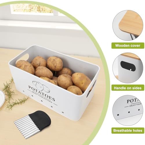 Kitchen Vegetable Storage Set of 3, Metal Onion Garlic Potato Storage Set, Kitchen Canisters Vegetable Keeper Containers with Aerating Holes and Bamboo Lid,White - Image 3