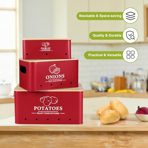 Kitchen Vegetable Storage Set of 3, Metal Onion Garlic Potato Storage Set, Kitchen Canisters Vegetable Keeper Containers with Aerating Holes and Bamboo Lid，Red - Image 5