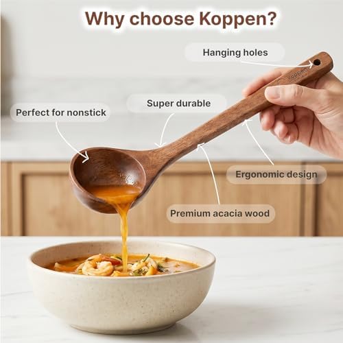 Koppen Dishwasher Safe Acacia Wood Soup Spoon & Pasta Spoon Set, 2 Pcs Non Toxic Wooden Kitchen Utensils for Nonstick Cookware, Wood Soup Ladle and Pasta Server, Heat Resistant, Smooth Grip - Image 5