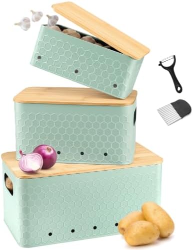 Kitchen Vegetable Storage Set of 3, Metal Onion Garlic Potato Storage Set, Kitchen Canisters Vegetable Keeper Containers with Aerating Holes and Bamboo Lid,Embossed Saga Green by Dekosilave