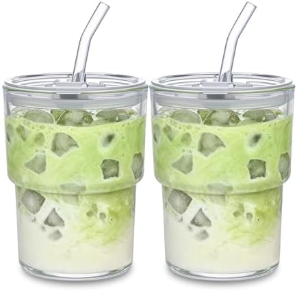 13oz Glass Tumbler with Straw and Lid, Leak Proof Iced Coffee Cup, Thick Wall BPA Free Drinking Glass Water Cups for Iced Coffee, Matcha, Smoothie and Travel-(Clear-2pack) by MINGHYZYA
