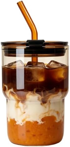 Luxfuel 16 oz Glass Cups with Lids and Straws Reusable Iced Coffee Tumbler by Luxfuel