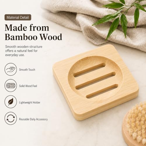 Bamboo Soap Dish for Bar Soap, Raised Wooden Holder with Drain Slots，Square Bamboo Soap Dish - Image 7
