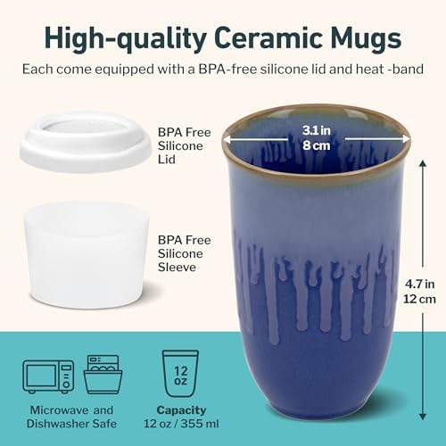 NOVA CERAMICS Ceramic Tumbler– Blue Ceramic Mug – Microwave & Dishwasher Safe Coffee White & Orange Tumbler - Leak-Proof Coffee Travel Mug – 12oz – Neptune - Image 3
