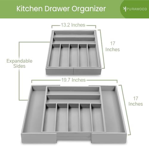 Purawood Bamboo Drawer Organizer - Expandable Silverware Organizer & Utensil Organizer, Cutlery Tray with Dividers, 7-9 Slots - Premium Kitchen Drawer Organizer for Utensils & Flatware (Grey) - Image 2
