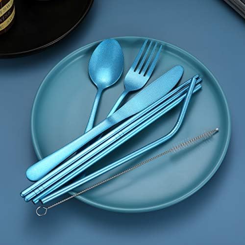 Portable Stainless Steel Flatware Set, Travel Camping Cutlery Set, Portable Utensil Travel Silverware Dinnerware Set with a Waterproof Case (Light Blue) - Image 2