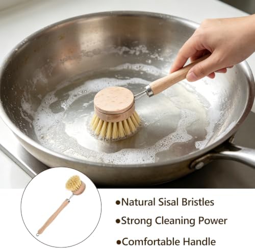 5 Pack Bamboo Dish Brush Set, Natural Kitchen Scrubber & Bottle Brush, Wooden Dish Brush for Cleaning Dishes, Pots, Pans, Bottles, Vegetables, Sinks, Woks - Image 3