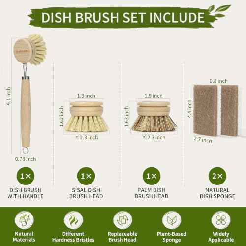 5 PCS Long Handle Bamboo Dish Brush with 2 Natural Dish Sponges - Image 3