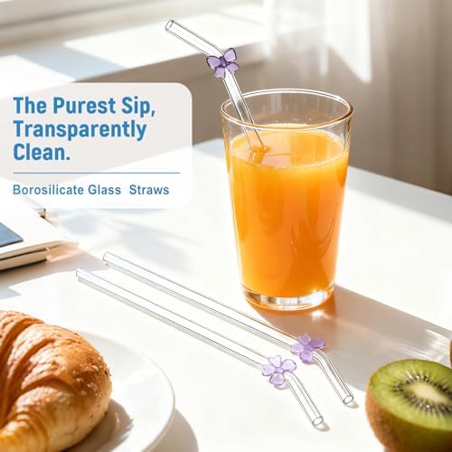 Cute Glass Straws with Purple Bow Charms, 8-Pack 9-Inch Bent for Tumblers - Image 2