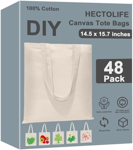 HECTOLIFE 6/12/24/48/ 96 Pack Canvas Tote Bags,Reusable Blank Canvas for Shopping Bags by HECTOLIFE