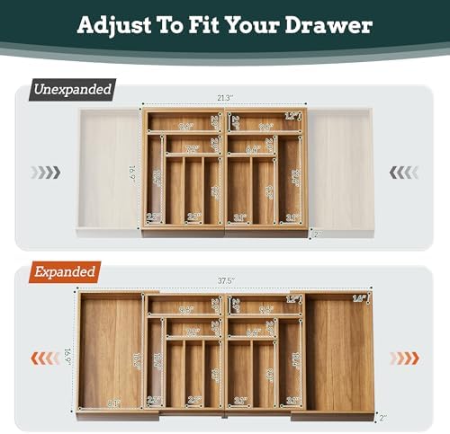Silverware Organizer Large, Magnetic Connected Expandable 13 Slots Silverware Drawer Organizer From 21 to 37.4 Inches, Adjustable Flatware and Cutlery Holder, Bamboo Utensil Tray for Kitchen Acacia - Image 4