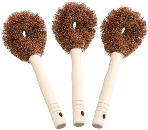 3Pcs Natural Coconut Fiber Brush Coconut Dish Scrubber Wooden Cleaning Brush with Handle for Kitchen by Petunny