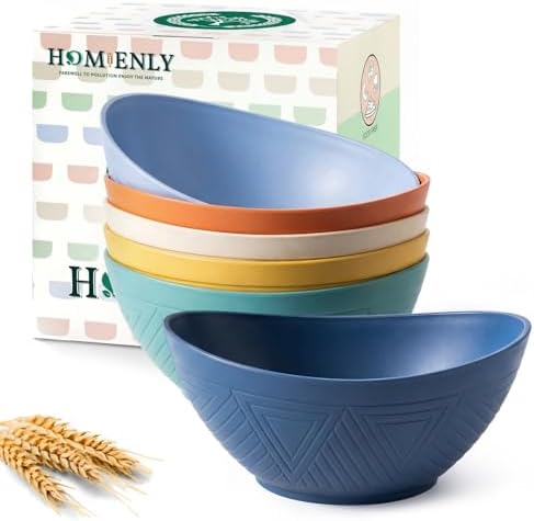 Homienly Wheat Straw Bowls 26 OZ Oval Serving Bowls 6 PCS Unbreakable Plastic Cereal Bowls for Kitchen, Party, Camping, Dorm, RV Bowl Set for Soup, Salad, Snack, Microwave and Dishwasher Safe (Multi) by HOMIENLY