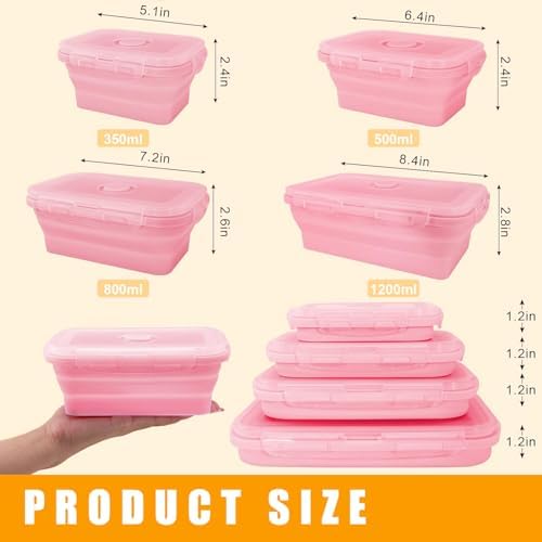 4 Collapsible Silicone Food Storage Containers, Square, Pink - Image 2