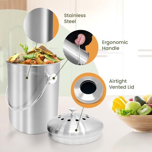 Reli. 1.3 Gallon Stainless Steel Compost Bin for Kitchen | Charcoal Filters - Image 4