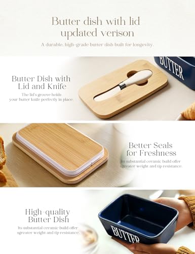 Ceramic Butter Dish with Lid and Knife & Silicone Seal for Countertop Blue - Image 4