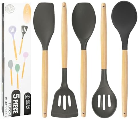 Non-Stick Silicone Cooking Utensils Set, 5 Pcs with Wooden Handle, Heat Resistant Silicone Kitchen Gadgets (Gray) by SHUNIKING