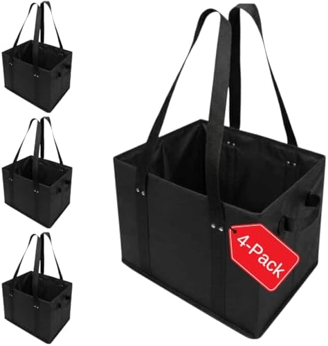 BAG-THAT! 4pk Reusable Grocery Bags Shopping Bags Tote Box Large Heavy Duty Groceries Bag Handles Foldable Reinforced Bottom (Black) by BAGTHAT