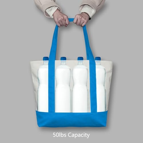TOPDesign 3-Pack Canvas Tote Bags with an External Pocket, Reusable Grocery Shopping Bags, Top Zipper Closure, Daily Essentials (Ocean Blue/Natural) - Image 6