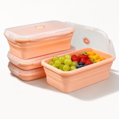 Plus 4PCS Foldable Silicone Food Storage Containers for Kitchen Storage for Leftovers Fruits and Meal Prep Dishwasher Safe Microwave Safe Ideal for Home and Travel (Pink, 40OZ) by TZCOBLI