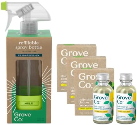 Grove Co. Bathroom Care Bundle - Shower Cleaner Concentrate Refills (6-Pack, 1 oz Each), Lemon & Eucalyptus Scent, with Reusable Glass Spray Bottle by GroveCo
