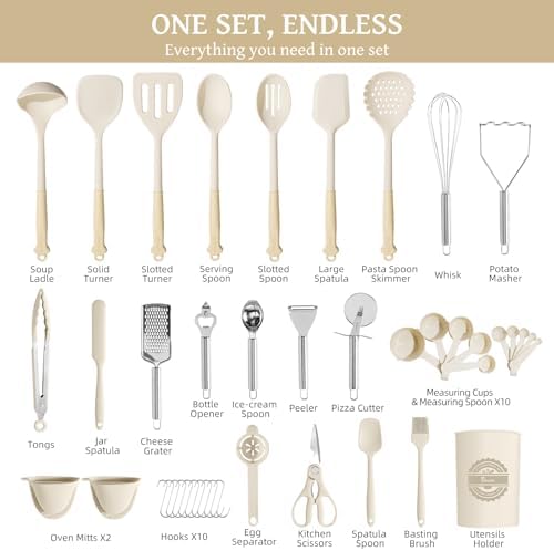 Kikcoin 43 PCS Silicone Kitchen Utensils Set, Dishwasher Safe Kitchen Cooking Utensils Set, 446°F Spatulas Silicone Heat Resistant, Non Toxic Silicone Utensils Set With Two-Tone Grip Handles, Cream - Image 2