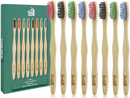 Bamboo Toothbrushes Medium Bristles 8 Pack - BPA Free Medium Bristles Natural Toothbrushes for Adults - Eco-Friendly, Wood Toothbrush by ToothHaHa