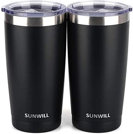 SUNWILL Travel Coffee Mug with Lid, 20 oz Tumbler Set of 2, Insulated Stainless Steel Cup for Water, Tea, Ice, Powder Coated Black 2 pack by SUNWILL