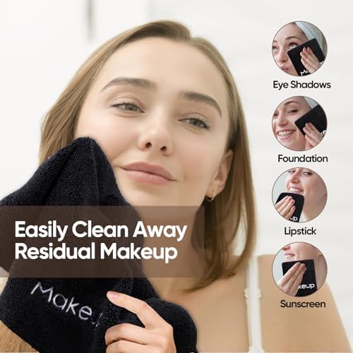 HOMEXCEL Makeup Remover Cloth 12 Pack,Premium Washable Soft 13x13 Inch Facial Cleansing Makeup Towels,Quick Dry Microfiber Face Towels Washcloths for All Skin Types,Black - Image 2