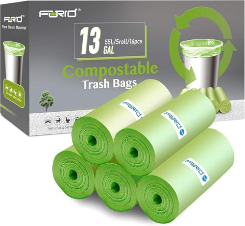 Compostable Trash Bags - FORID 13 Gallon Tall Kitchen Garbage Bags 80 Count Unscented Trash Can Liners 55 Liter Medium Wastebasket Bags for Bathroom Home Bedroom Office Garbage Can (5Rolls/Green) by FORID