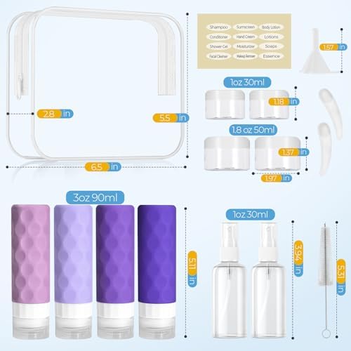 Silevoler 16pack Travel Bottles for Toiletries, TSA Approved Travel Size Containers Set, Leak Proof Refillable Liquid & Creams Toiletries Accessories Kit W/Toiletry Bag (Purple) - Image 2