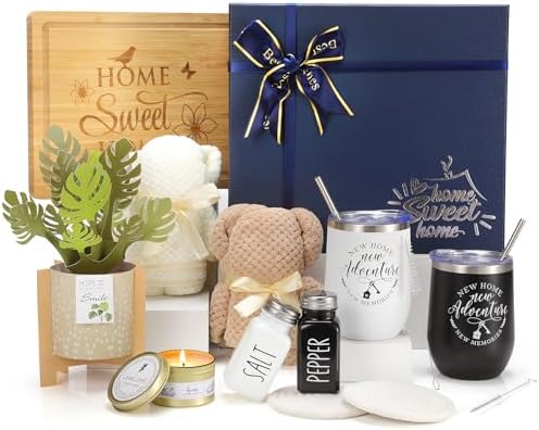 House Warming Gifts New Home, 12 Pcs Housewarming Gifts Basket for New House with Gift Box Packaging, 3D Botanical Greeting Card, Cutting Board for Couple, Closing Gifts for Home Buyers by Grajar