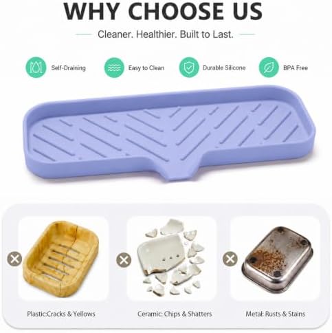MicoYang Silicone Soap Dish with Drain Spout — Self-Draining Double Sink Organizer Tray for Kitchen & Bath, Dispensers, Sponges & Soap Holder, Non-Slip & Dishwasher Safe, Light Purple (Large, 12"×4") - Image 3