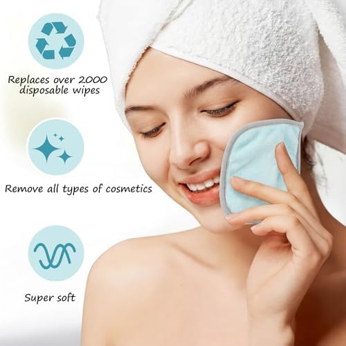VitalCozy 10 Pack Makeup Remover Cloths, Makeup Remover Towels Reusable Face Cloth Eraser for Washing Face Microfiber Washcloth for Women Cleansing Just Water with Mesh Bag(Blue Colors) - Image 5