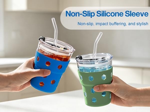 Mrsdry 12oz Iced Coffee Cup with Lids and Straws, BPA Free Reusable Glass Coffee Cups with Silicone Sleeves for Coffee, Iced tea, Thick Wall Glass Cup - Image 5